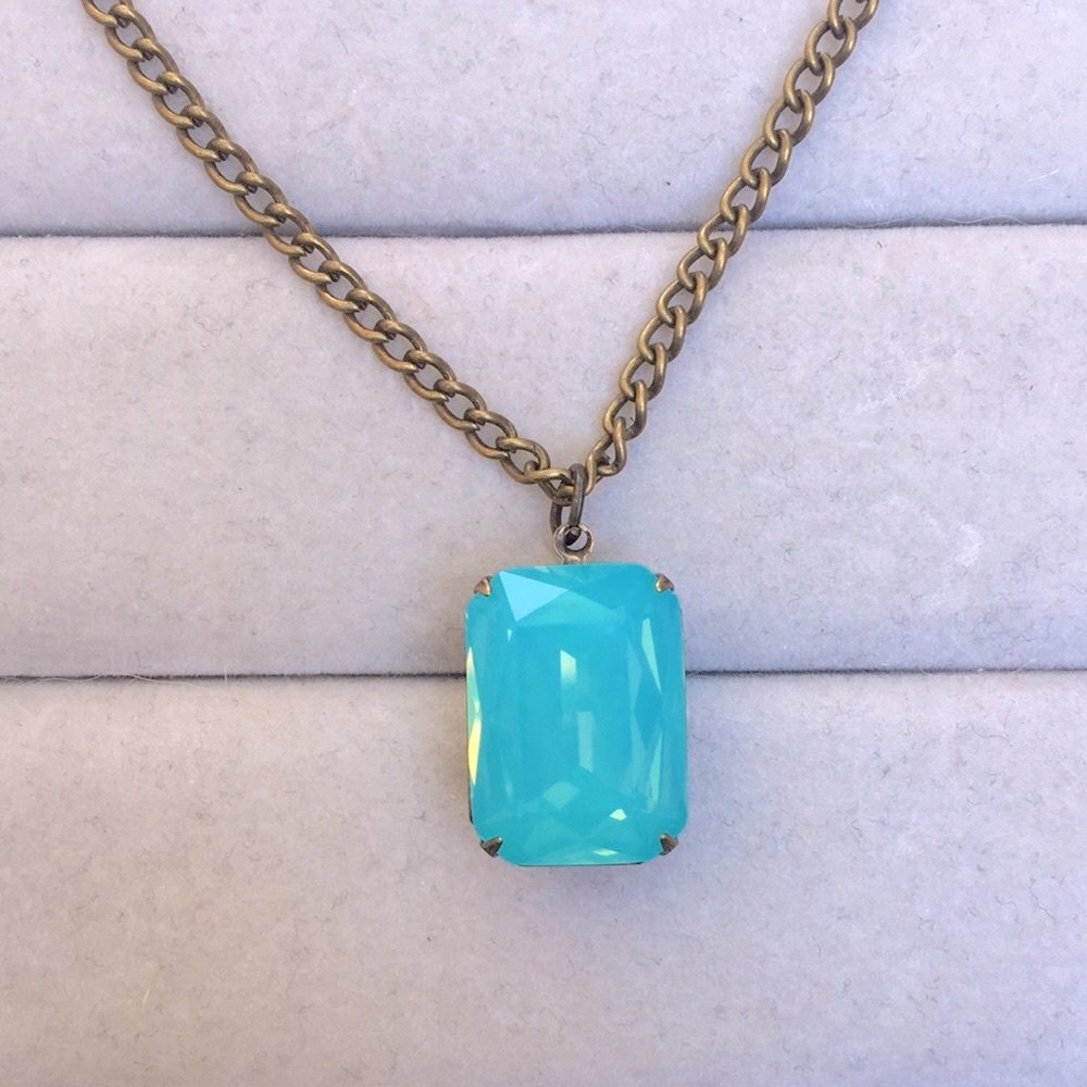 Pacific Blue-Green Opal +Antique Brass Emerald Cut Crystal Drop Pendant Necklace